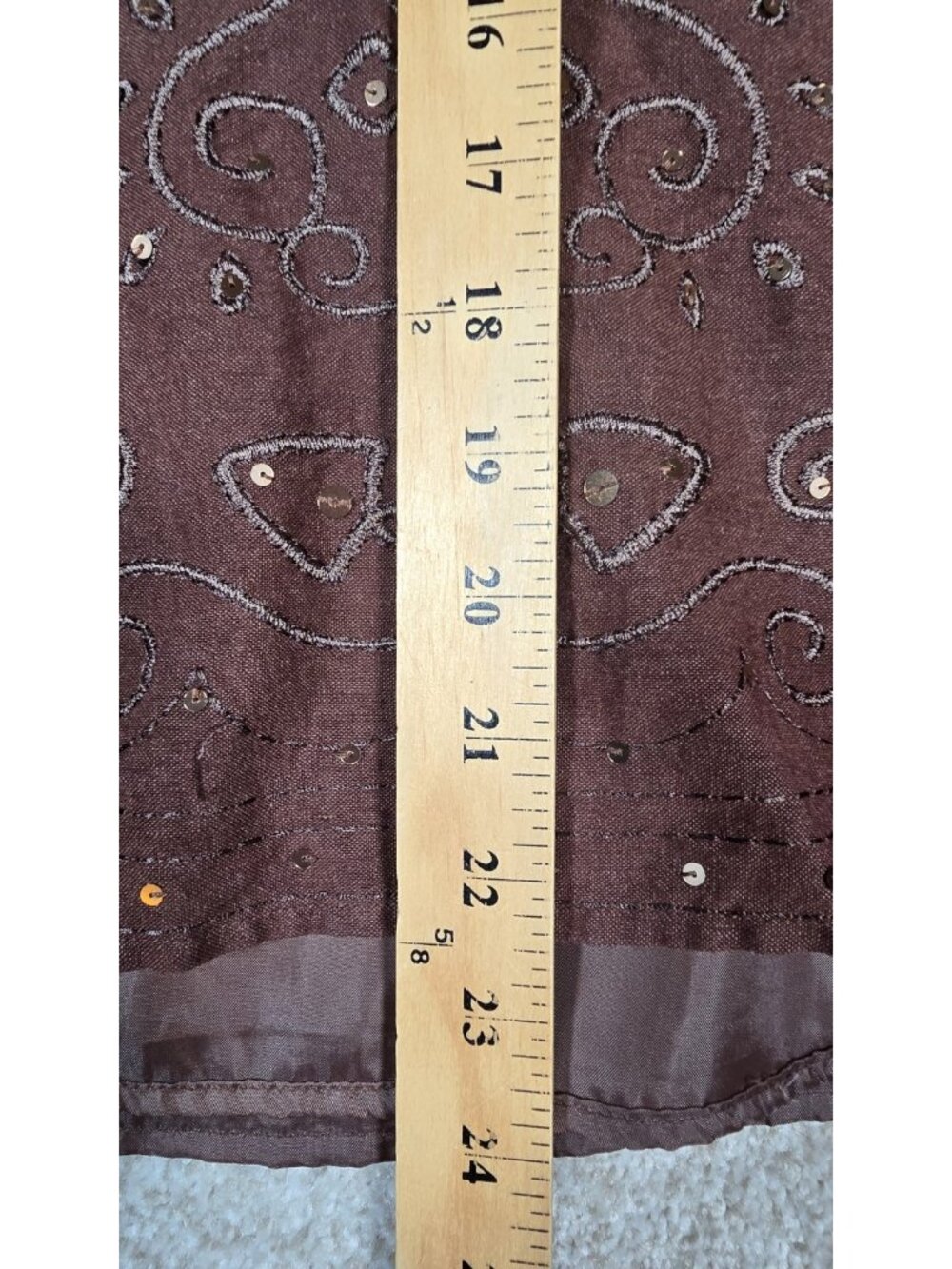 Dressbarn Brown Linen Blend A-Line Skirt Embroidered Sequin Boho Lined Women 16 - Picture 4 of 12